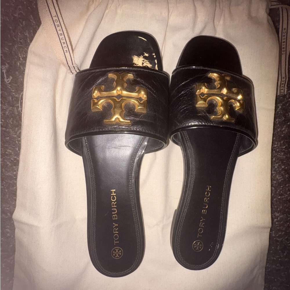 Tory Burch Black Sandals with Gold Emblem